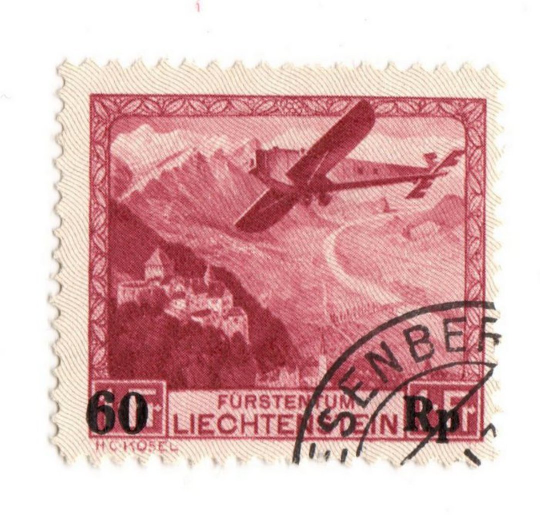 LIECHENSTEIN 1935 Air Surcharge 50r on 1f Claret. - 73789 - VFU image 0