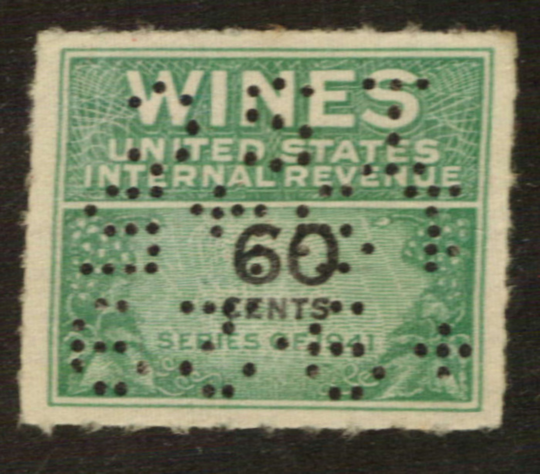 USA 1941 Internal Revenue Wines 60c Green and Black. Perfin. - 76115 - Fiscal image 0