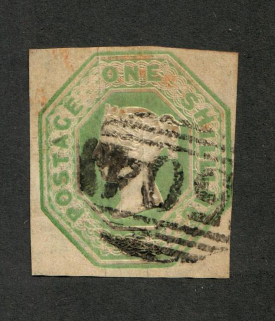 GREAT BRITAIN 1847 1/- Pale green. Embossed Cut square. 3 good margins one just touching. Pmk 504 in oval typical. - 70398 - FU image 0