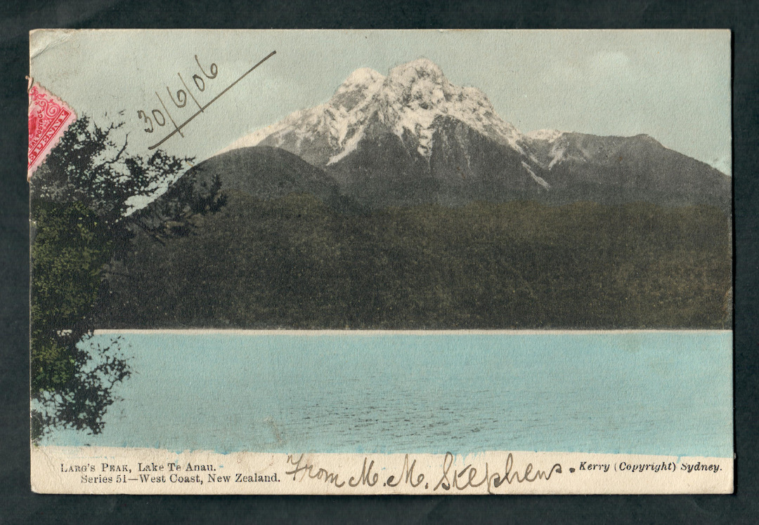Coloured postcard of Larg's Peak Lake Te Anau. - 49380 - Postcard image 0