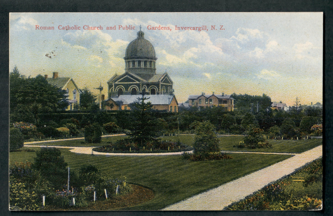Coloured postcard of The Roman Catholic Church and Public Gardens Invercargill. - 49318 - Postcard image 0