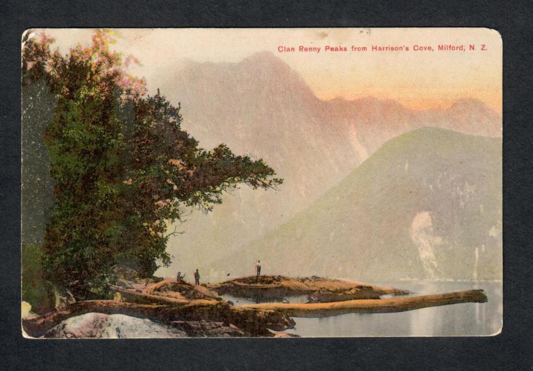 Coloured postcard of Clan Renny Peaks from Harrison's Cove Milford Sound. - 49828 - Postcard image 0