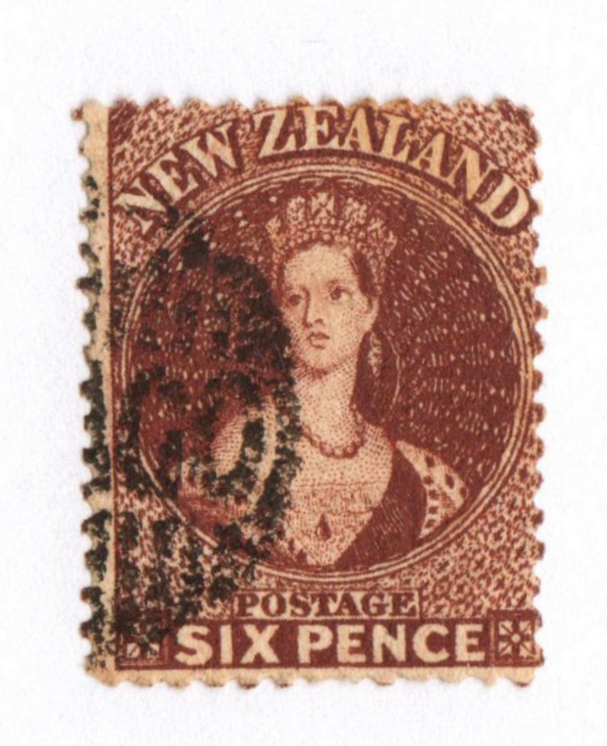 NEW ZEALAND 1862 Full Face Queen 6d Brown. Perf 13 at Dunedin. Clear OTAGO Postmark nicely off face. Excellent copy. - 75054 - F image 0