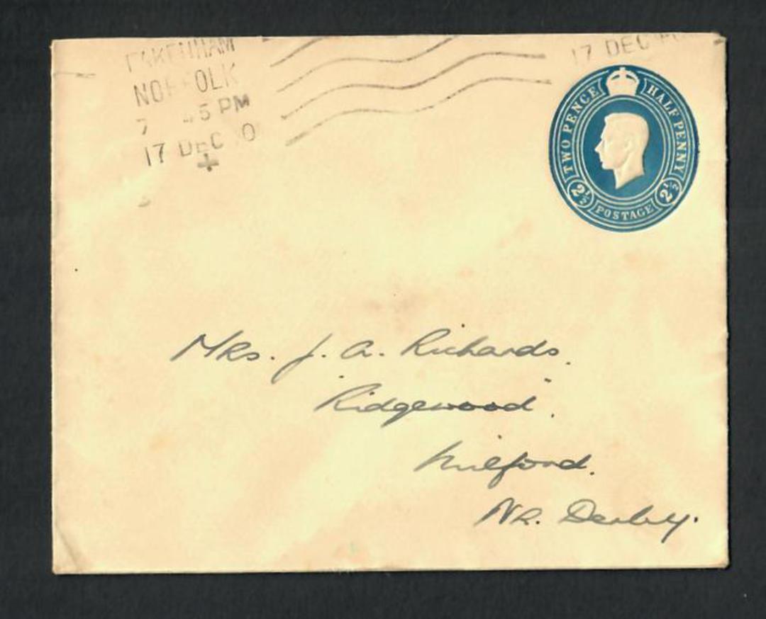 GREAT BRITAIN 1920 Geo 5th 2½d Printed Envelope from Pakenham Norfolk to Derby. On the web Pakenham has moved to Suffolk. - 3181 image 0