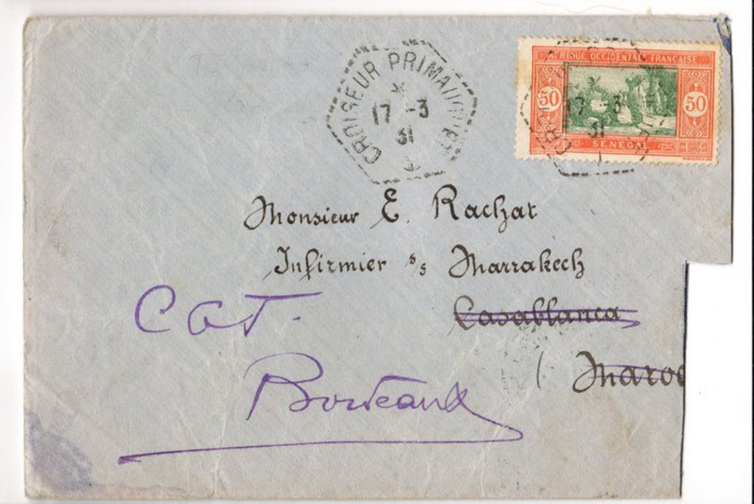 SENEGAL 1931 Airmail Letter from Croiseur Primaogie to Maroc. Readdressed to Bordeaux. Obvious cut otherwise it would be a lovel image 0