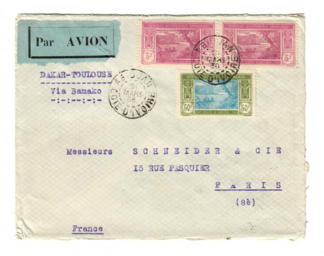 IVORY COAST 1936 Airmail (Dakar to Toulouse via Bamako). Letter from Abidjan to Paris. Interesting backstamps. - 37624 - PostalH image 0