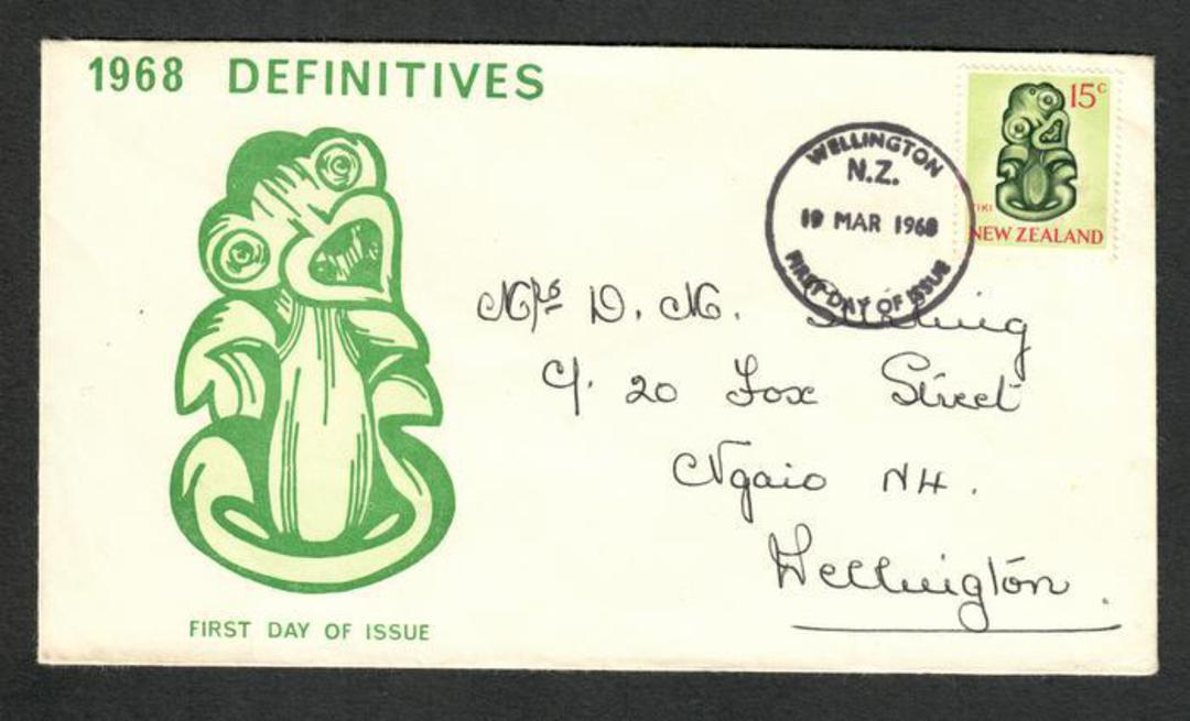 NEW ZEALAND 1967 Definitive 15c Green Tiki on two different illustrated first day covers. - 35815 - FDC image 1