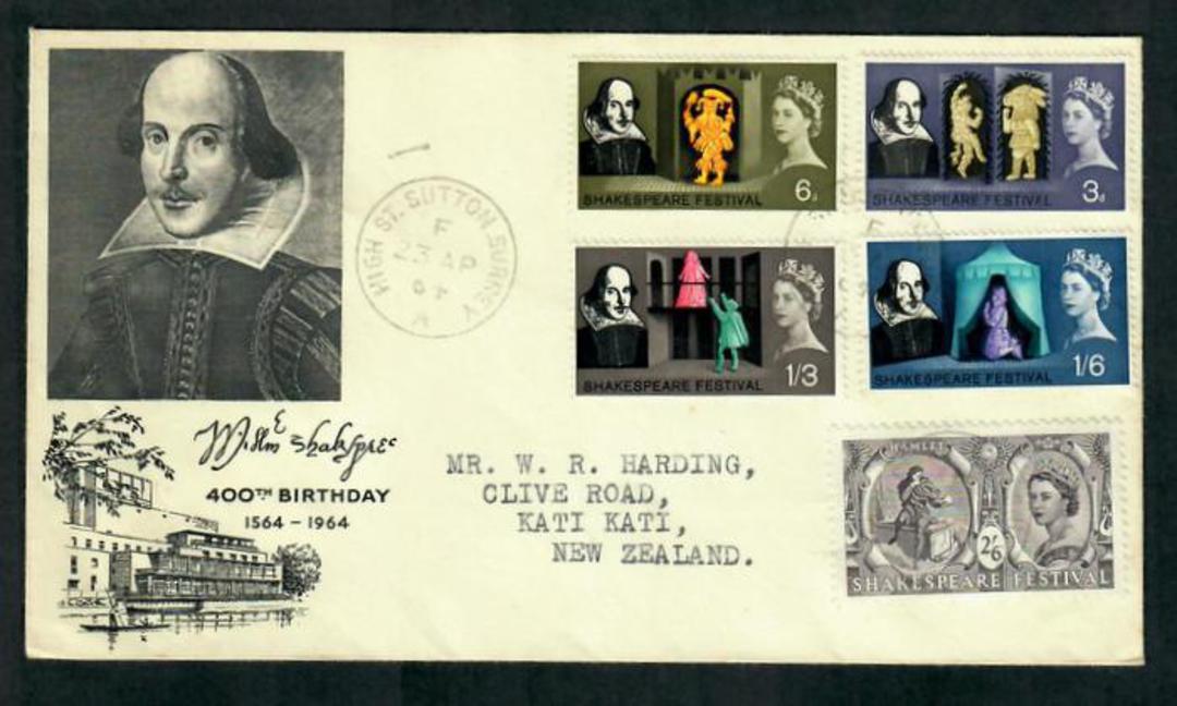 GREAT BRITAIN 1964 William Shakespeare. Set of 5 on first day cover. - 31755 - FDC image 0