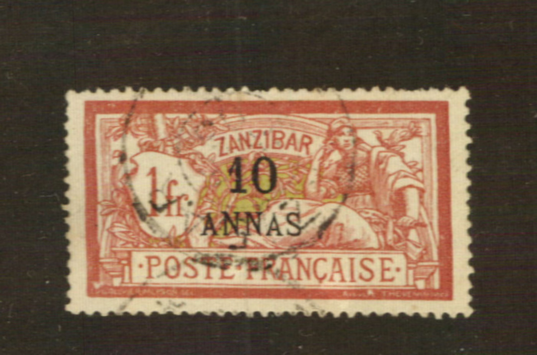 FRENCH Post Offices in ZANZIBAR 1902 Definitive 10 annas on 1 franc Lake and Yellow-Green. - 76414 - VFU image 0