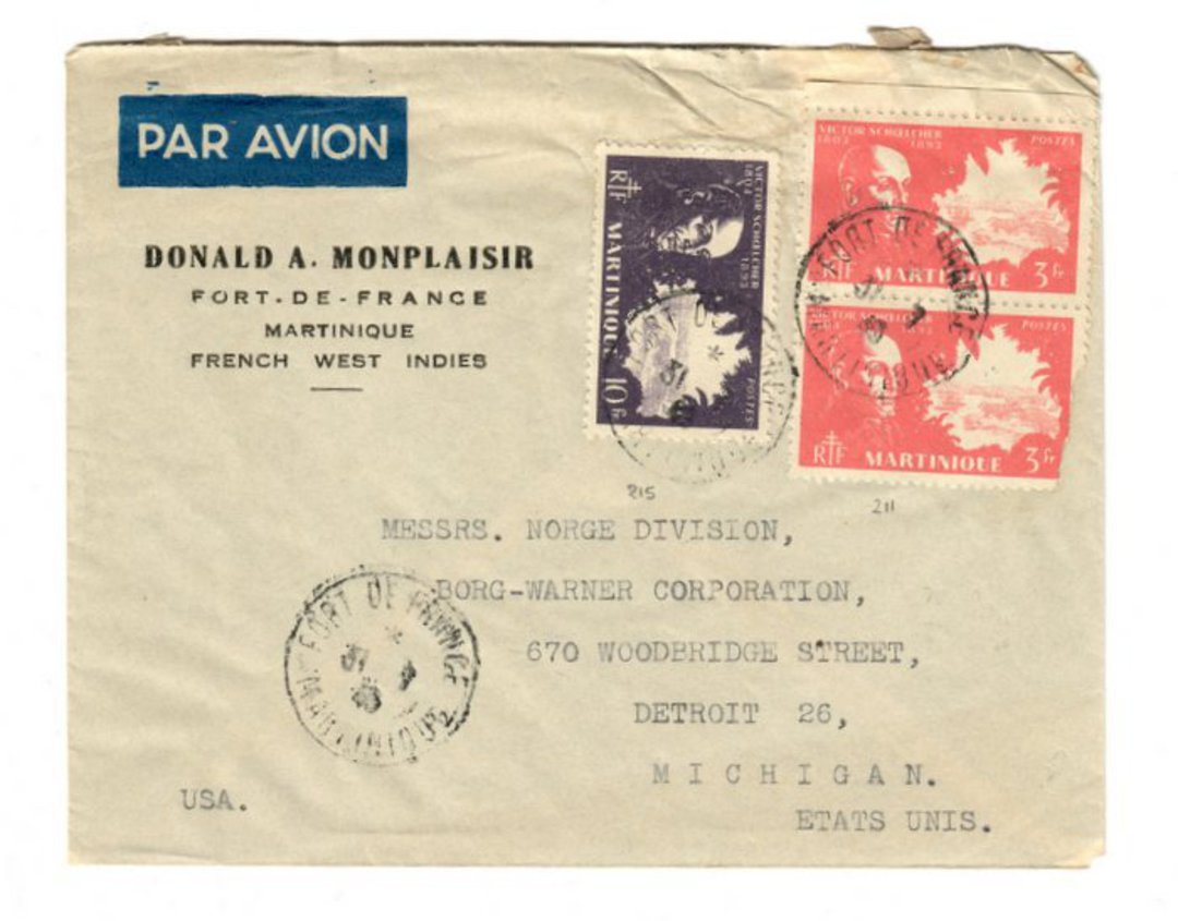 MARTINIQUE 1949 Airmail Letter from Fort de France to Detroit. - 37822 - PostalHist image 0