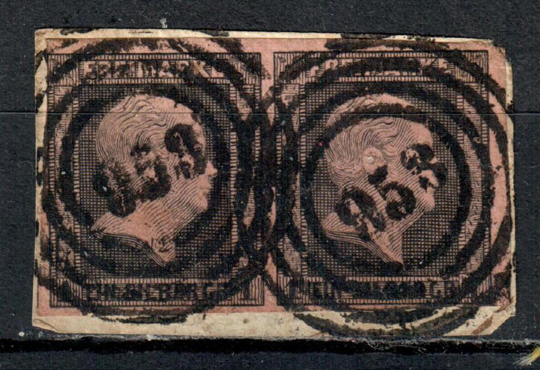 PRUSSIA 1850 Definitive 1sg Black on rose. Pair on piece with concentric circle cancel 953. Heavy postmarks. - 73562 - Used image 0