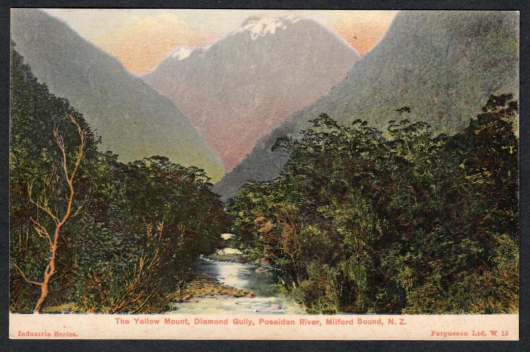 Coloured postcard of The Yellow Mount Diamond Gully Poseiden River Milford Sound. - 49810 - Postcard image 0
