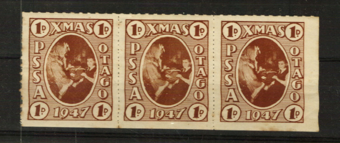 NEW ZEALAND 1947 Cinderella. PSSA Otago Christmas Seal 1d value in strip of three in fine never hinged condition. - 24035 - Cind image 0