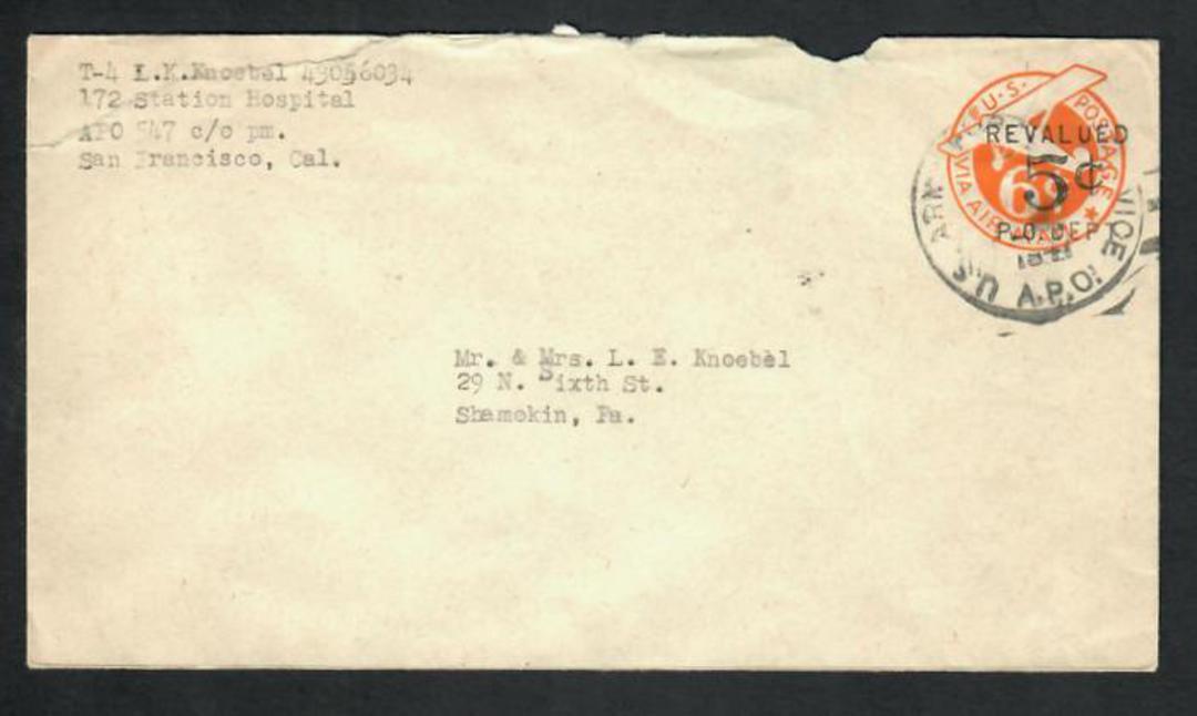 USA 1946 Letter with printed 6c Orange with overprint 'Rrevalued 5c P O Dept'. Postmark USAPO. image 0