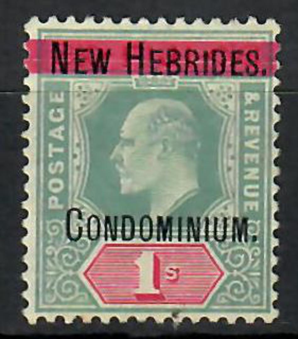NEW HEBRIDES 1908 Edward 7th 1/- Green and Carmine. Overprint on Fiji Definitive. Small tone spot. - 70525 - LHM image 0