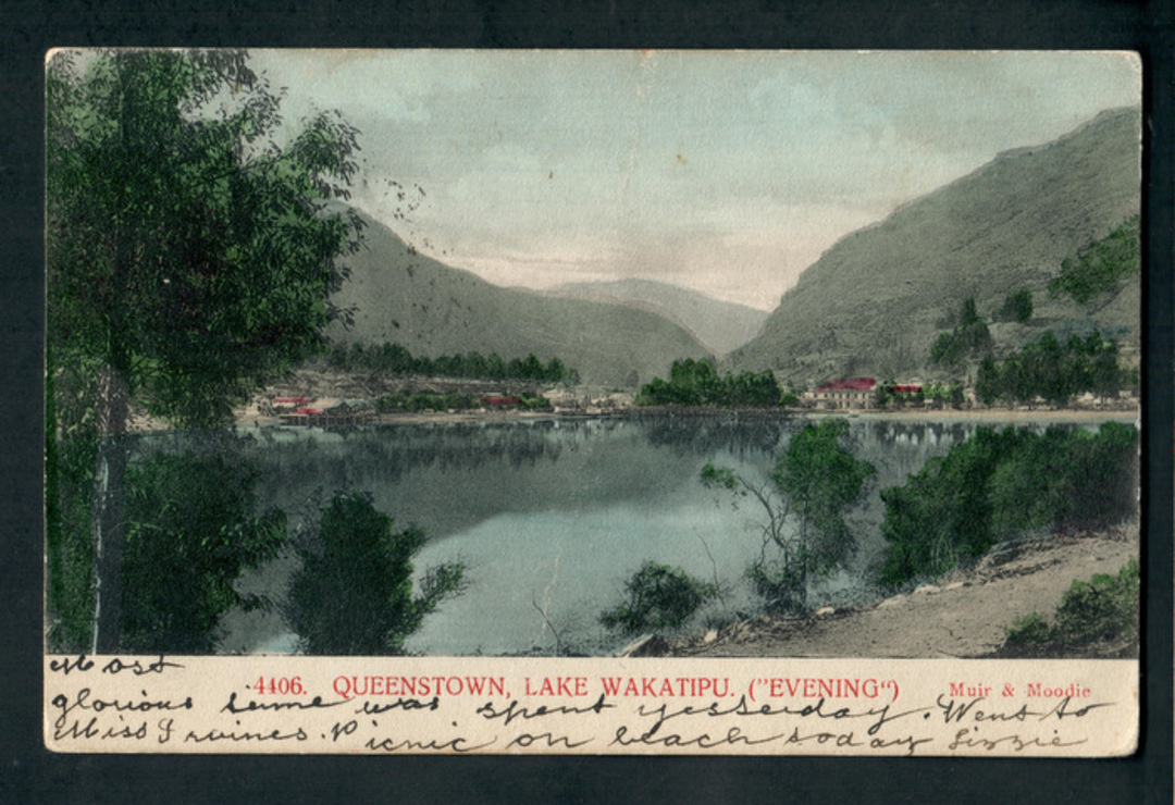 Early Undivided Coloured postcard by Muir and Moodie of Queenstown Lake Wakatipu from the park in the evening. - 249436 - Postca image 0