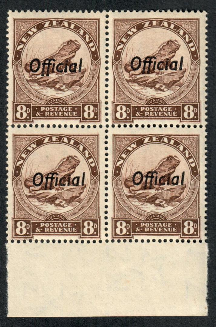 NEW ZEALAND 1935 Pictorial Official 8d Tuatara. Perf 14x14½. Block of 4. - 75037 - UHM image 0