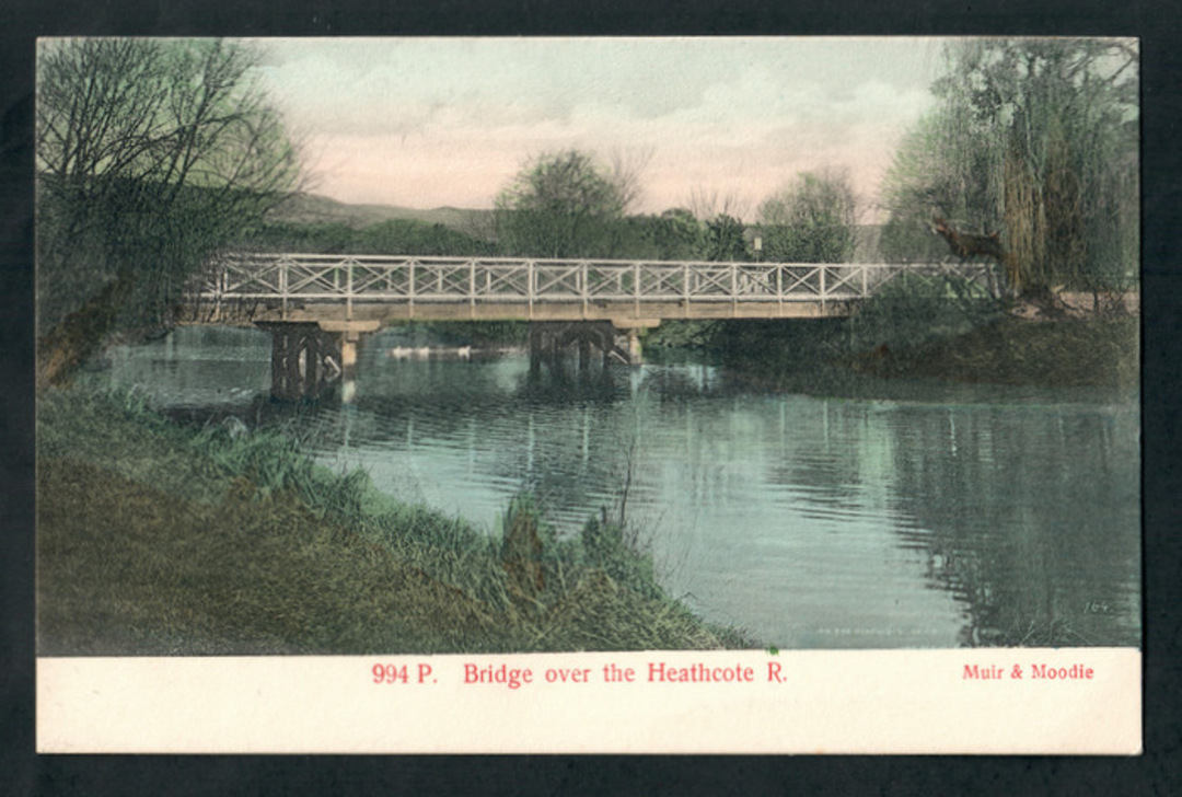 Coloured postcard by Muir and Moodie of Bridge over the Heathcote River. - 248363 - Postcard image 0