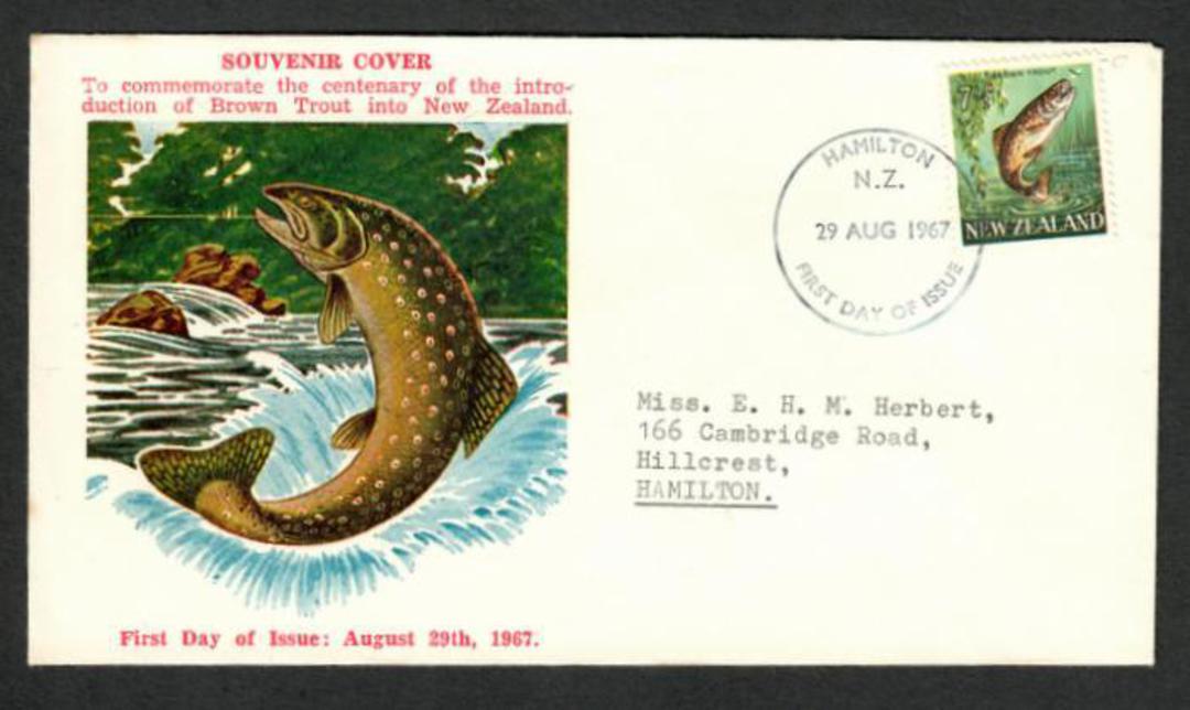 NEW ZEALAND 1967 Definitive 7½c Trout on two diierent illustrated first day covers. - 35089 - FDC image 1