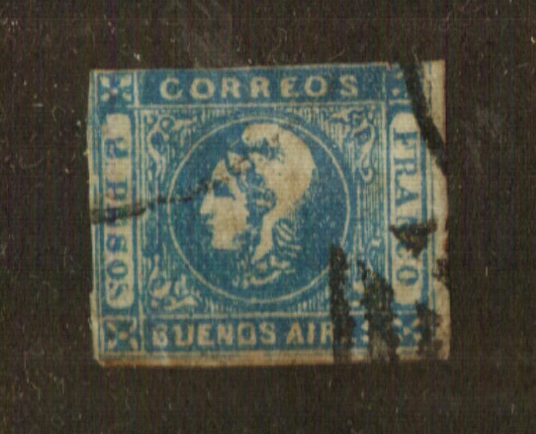BUENOS AIRES 1859 2 Pesos Blue Imperforate. Three margin copy. Reimpression sin valor with fake cancel. - 71928 - Used image 0
