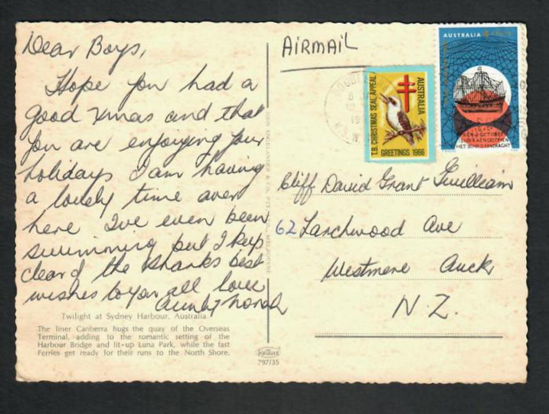 AUSTRALIA Modern Coloured Postcard to New Zealand with 1968 TB Seal tied. - 32241 - PostalHist image 0