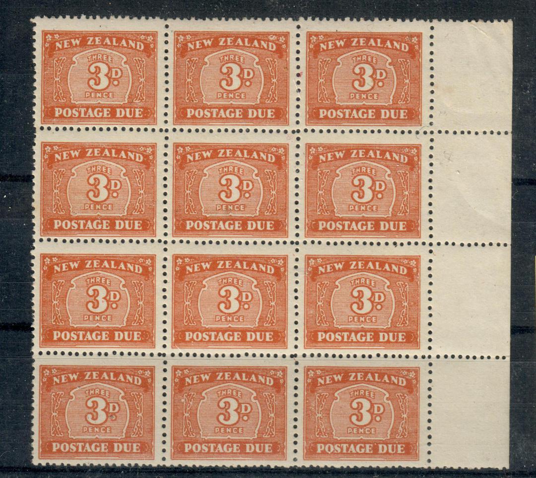 NEW ZEALAND 1939 Postage Due 3d Brown. Block of 12 in superb never hinged condition with selvedge. - 21018 - UHM image 0