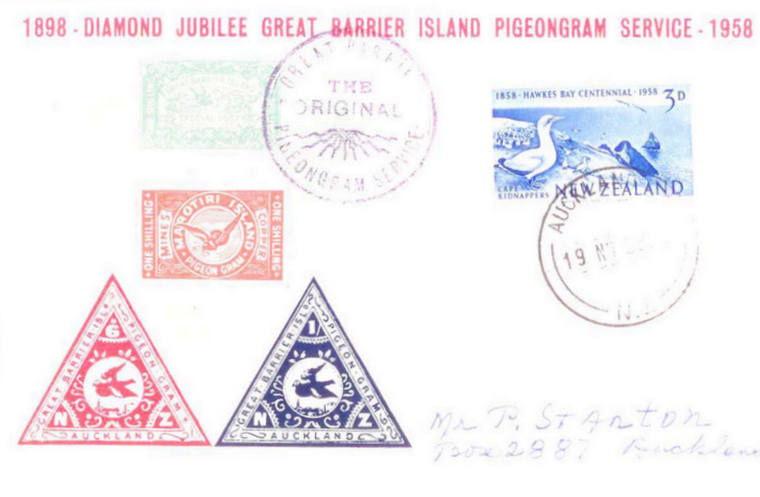 NEW ZEALAND 1958 60th Anniversary of the Great Barrier Pigeongram Service. Illustrated cover. - 34030 - PostalHist image 0