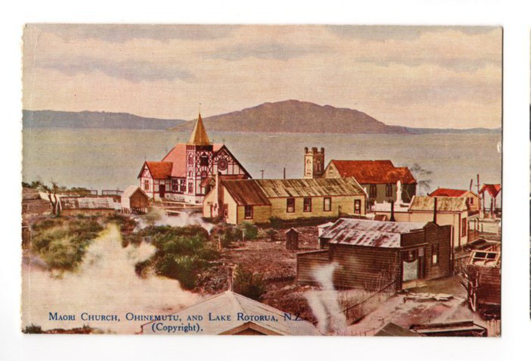 Coloured postcard of Maori Church Ohinemutu and Lake Rotorua. - 46086 - Postcard image 0