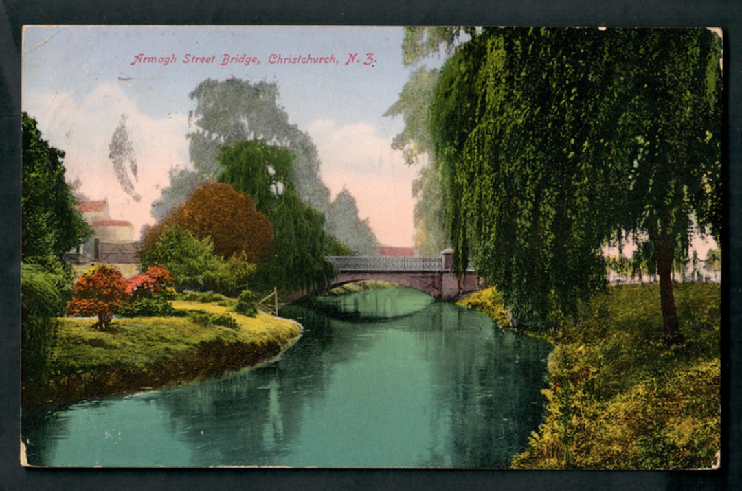 Coloured postcard of Armagh Street Bridge Christchurch. - 48441 - Postcard image 0