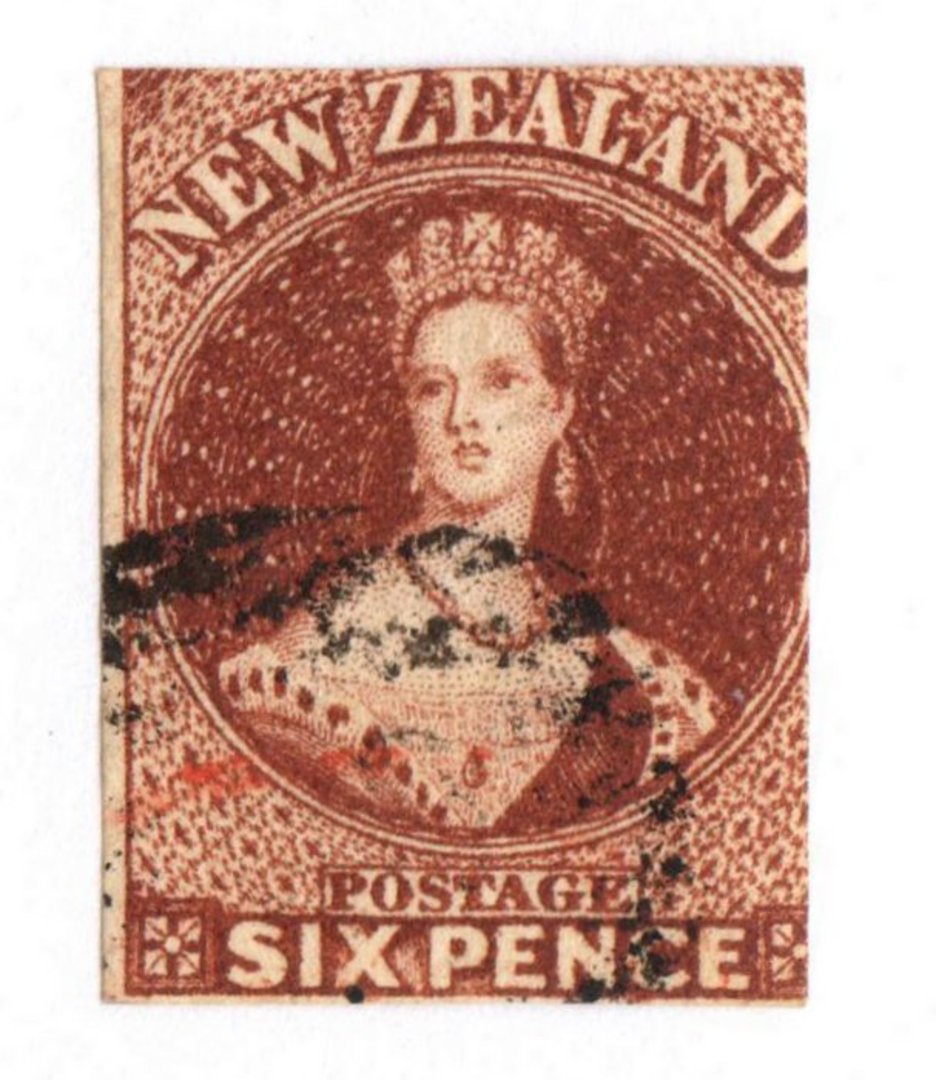 NEW ZEALAND 1864 Full Face Queen 6d Red-Brown.  Watermark NZ. Imperf. Cut square. Two margins. Cancel off face. - 79281 - FU image 0