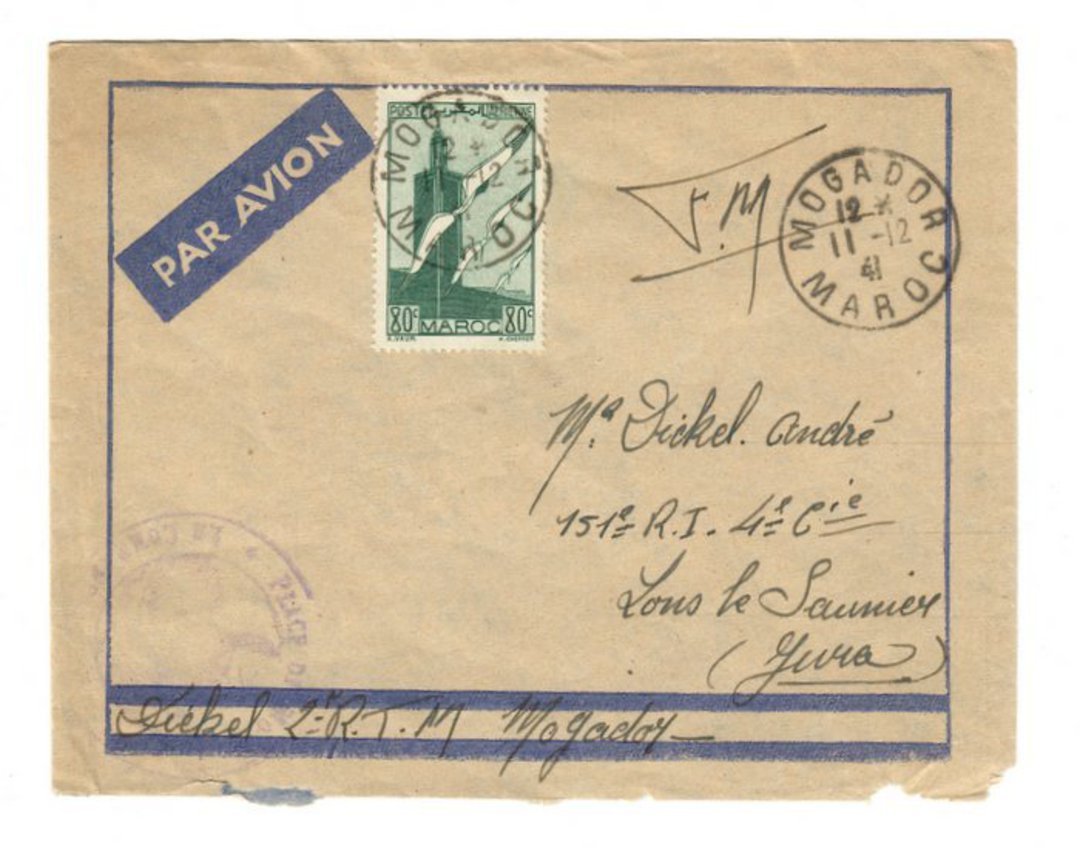 FRENCH MOROCCO 1941 Airmail Letter from Mogadoa to France. Marseille Gare receving stamp. Appears to have a censor cachet. - 377 image 0