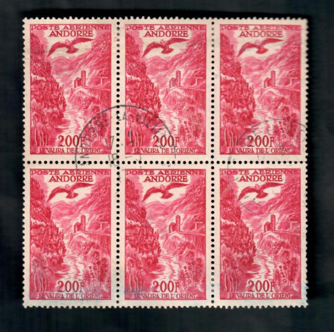FRENCH ANDORRA 1955 Air 200fr Carmine. Block of 6. Perfect except that there is slight bluing across the bottom three probaly fr image 0