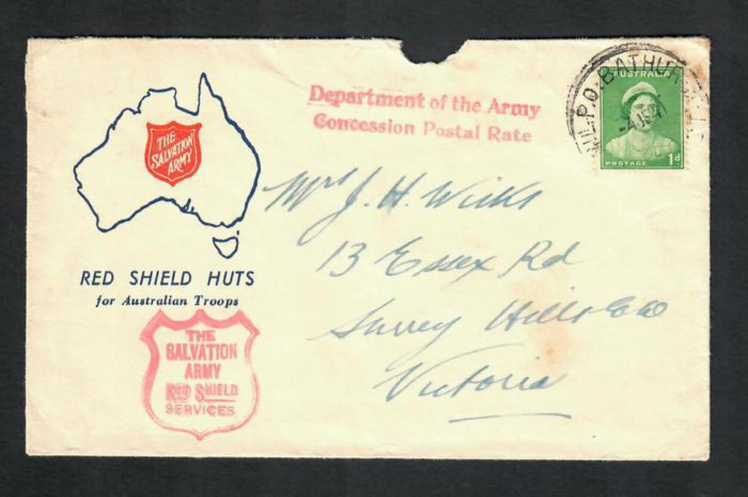 AUSTRALIA 1941 Cover Salvation Army Red Shield Huts posted from Bathurst. Cachet "Department of the Army Concession Postal Rate' image 0