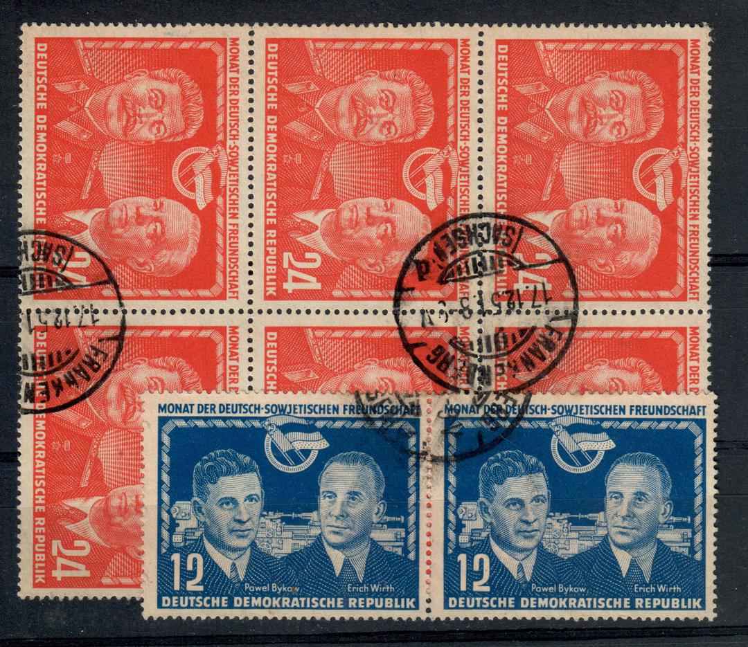EAST GERMANY 1951 German-Soviet Friendhip. Joined pair of the 12pf Blue and block of 6 of the 24pf Red. - 21158 - FU image 0