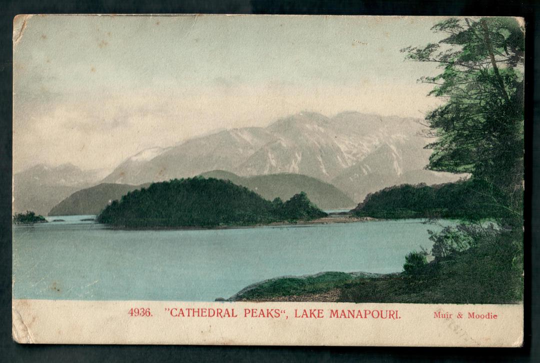 Early Undivided Coloured Postcard by Muir & Moodie of Cathedral Peaks Lake Manapouri. - 49051 - Postcard image 0