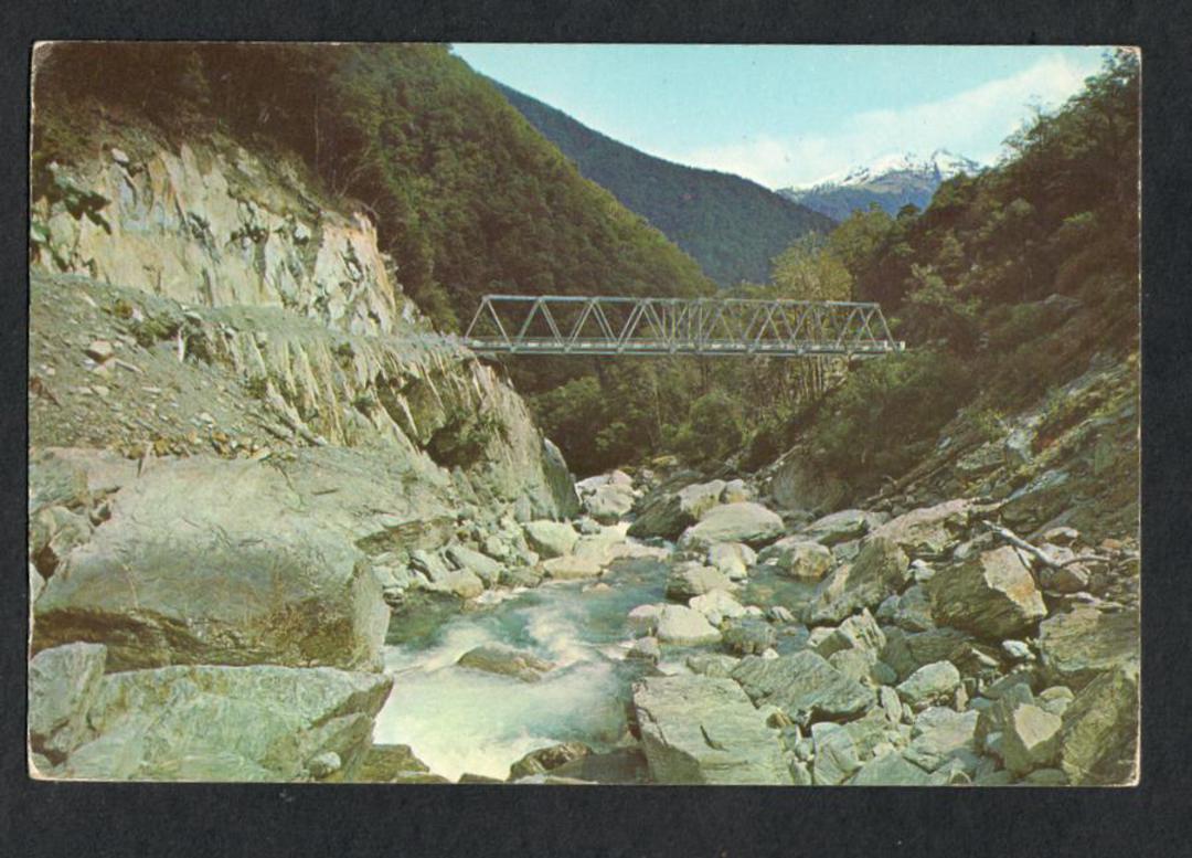 Modern Coloured Postcard by Gladys Goodall of the Gates to the Haast Bridge West Otago. - 444263 - Postcard image 0
