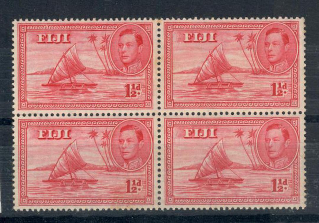 FIJI 1938 Geo 6th Definitive 1½d Carmine. Block of 4. Die 1 with no man in the canoe. Very clean. Perfect perfs. - 20416 - UHM image 0