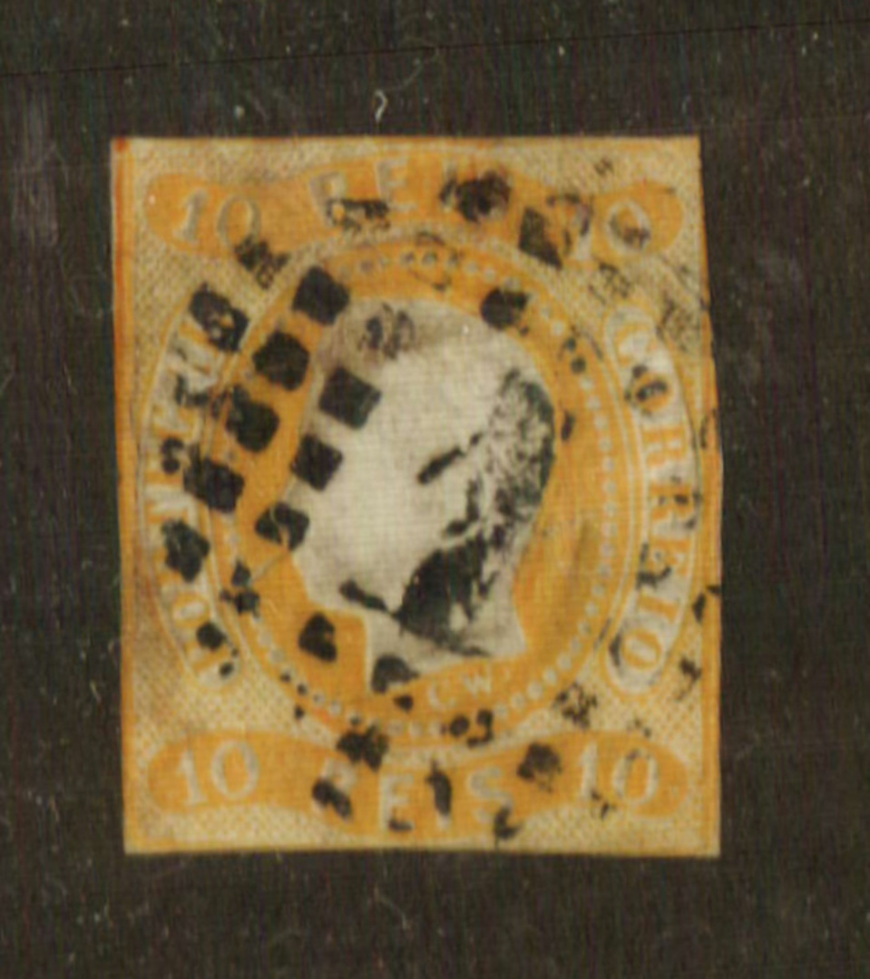 PORTUGAL 1866 Definitive Imperf 10 reis Yellow. Quite a reasonable copy although cut close and touching on the sides. Cork cance image 0