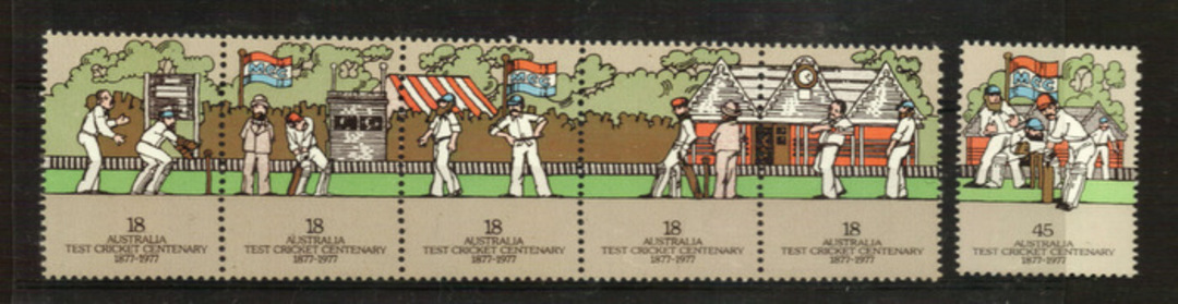 AUSTRALIA 1977 Centenary of Test Cricket. Strip of 5 and single. - 21174 - UHM image 0