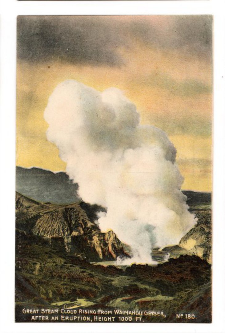 Coloured postcard of Great Steam Cloud rising from Waimangu Geyser after an eruption. - 46087 - Postcard image 0