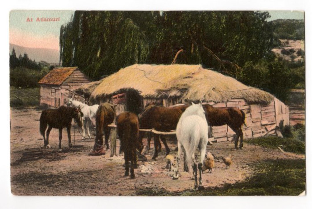 Coloured postcard of (horses at) Atiamuri. - 45706 - Postcard image 0