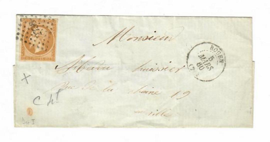 FRANCE 1880 Cover bearing 1853 10c stamp SG 46 ????. Identified as Die 1. Postmark 2738 andalso ROUEN 5/3/80. - 30489 - PostalHi image 0