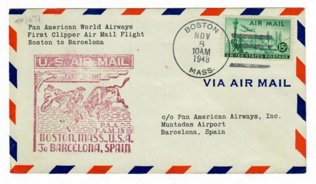USA 1948 Pan American Airways First Clipper Flight Cover from Boston to Barcelona Spain. Purple Cachet. image 0