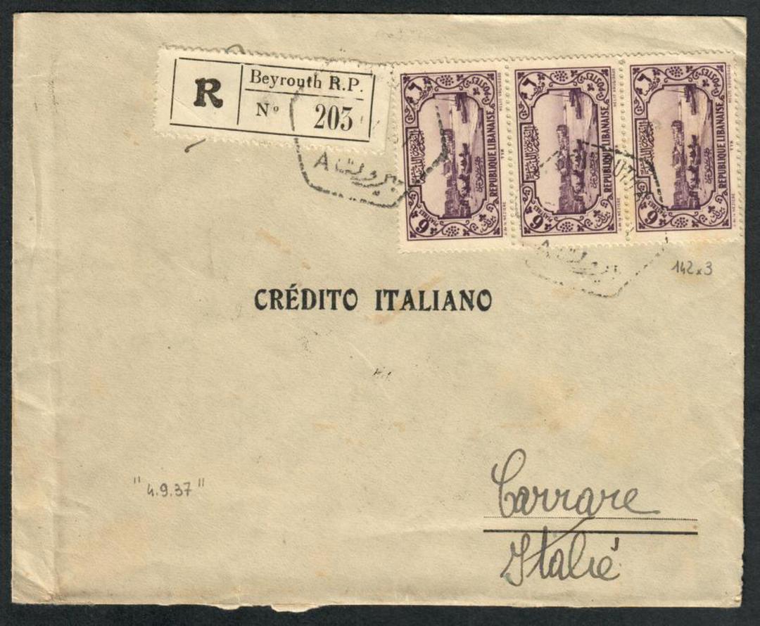 LEBANON 1937 Registered Letter from Banque de Syrie et du Grand Liban Beyrouth to Italy. - 530480 - PostalHist image 0