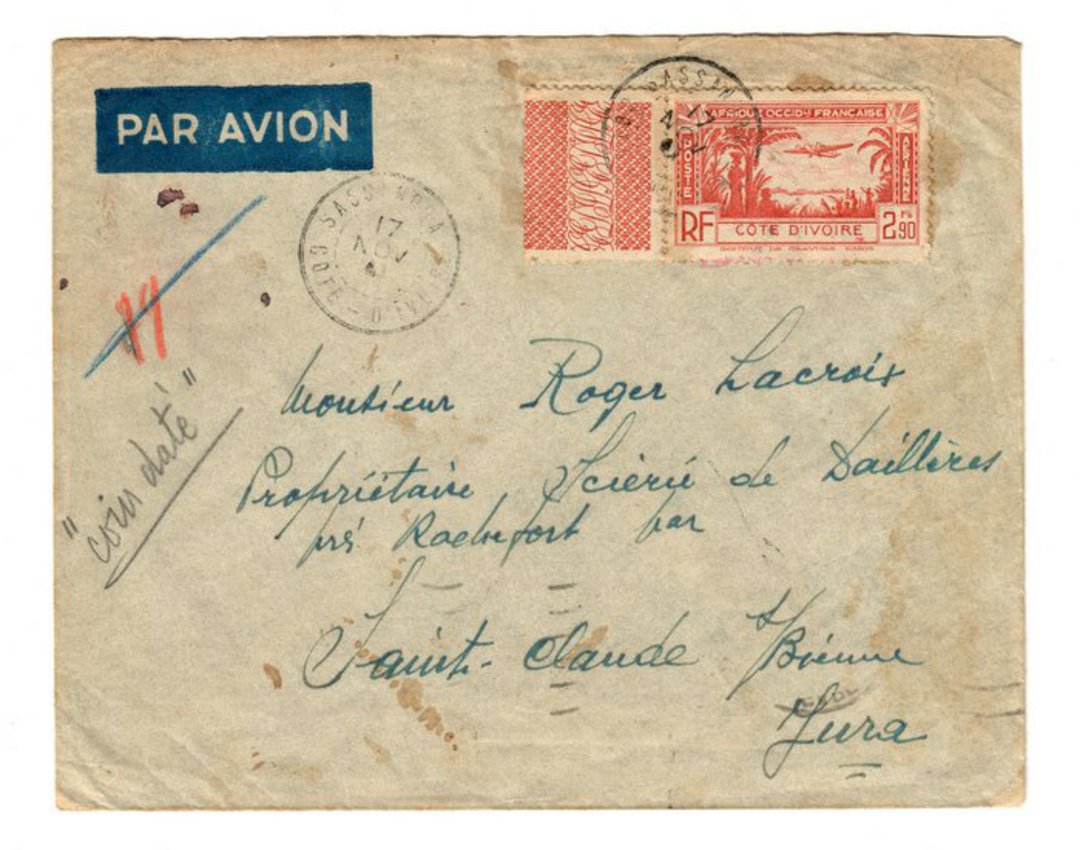 IVORY COAST 1939 Airmail Letter from Sassanora to France. - 37628 - PostalHist image 0