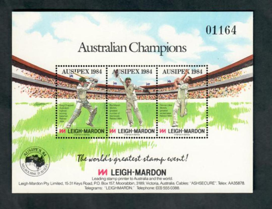 AUSTRALIA 1984 Leigh-Mardon Cinderella for Auspex '84 featuring Cricket. Miniature sheet with Stampex emblem. - 50216 - UHM image 0