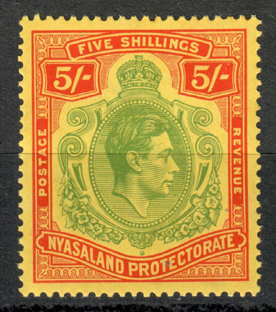 NYASALAND 1938 Geo 5th Definitive 5/- Pale Green and red on Yellow. Very lightly hinged. - 8151 - LHM image 0