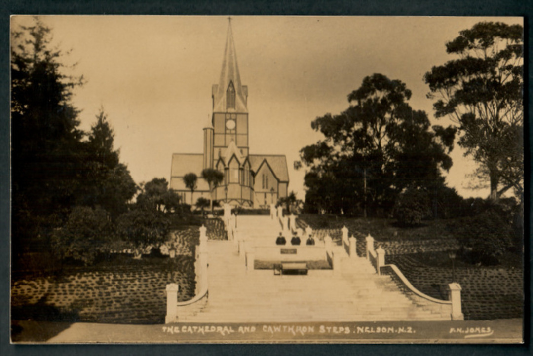 Real Photograph by Jones of Nelson Cathedral and Cawthron Steps. - 48665 - Postcard image 0