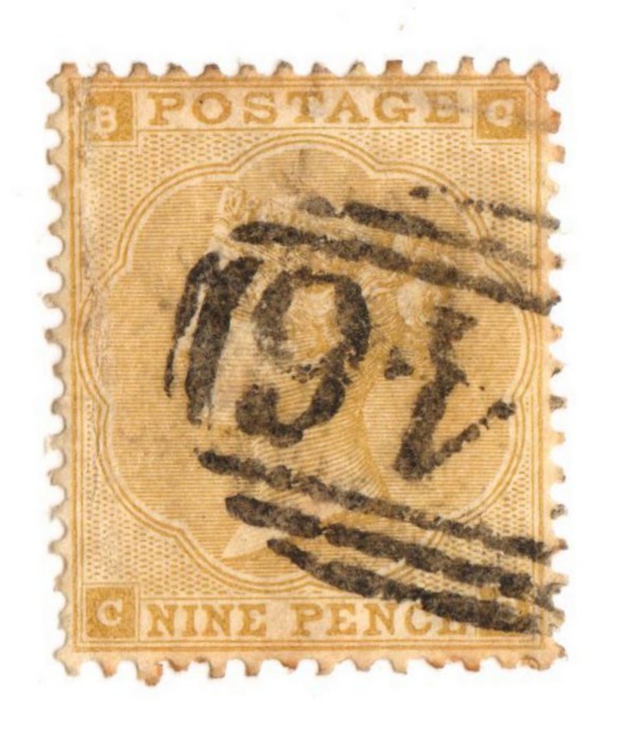 GREAT BRITAIN 1862 9d Straw. Thick paper. Well centred. Pmk 46 in oval bars Good perfs. - 70240 - FU image 0