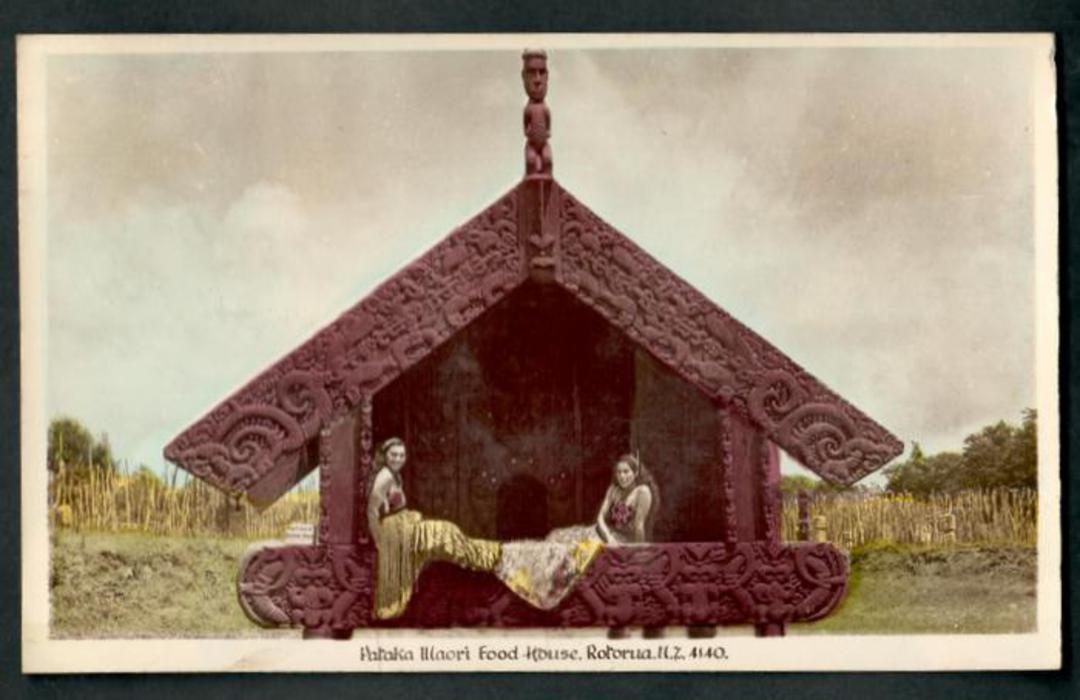 Tinted Real Photograph by A B Hurst & Son of Pataka Maori Foodhouse Rotorua. Adhesion on the reverse. - 49661 - Postcard image 0